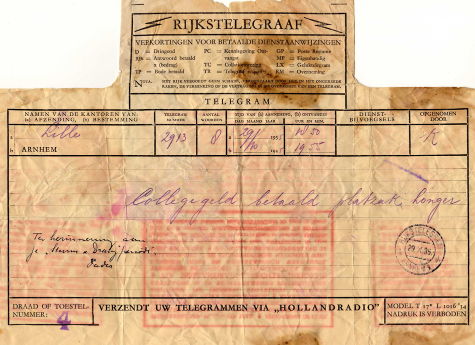 Telegram van Herma Borgers aan haar vader 1935